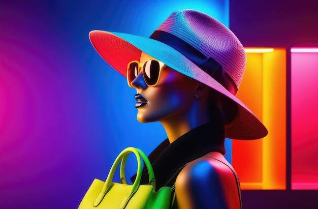 Photo mannequin de femme avec un chapeau de sac à main lunettes de soleil en magasin avec des lumières au néon vente de collection de mode