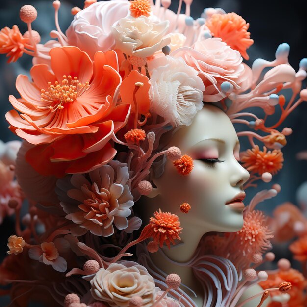 Un mannequin avec des fleurs dans les cheveux