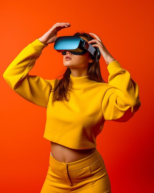 mannequin de la génération z posant portant un casque de réalité virtuelle avec des tenues modernes de style audacieux