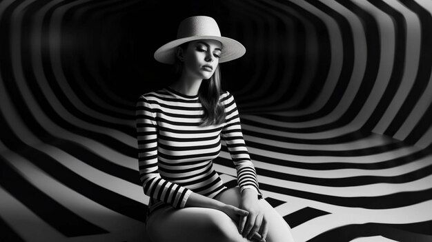 Une mannequin hypnotique avec un chapeau noir et blanc.