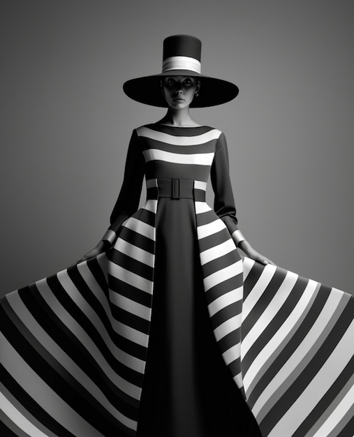 Une mannequin hypnotique avec un chapeau noir et blanc.