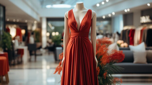 Un mannequin d'une jeune femme dans une robe pose dans un concept de magasin de mode