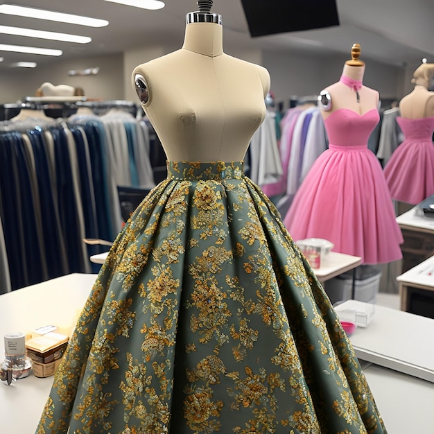 Un mannequin avec une jupe à fleurs se tient devant une robe rose.