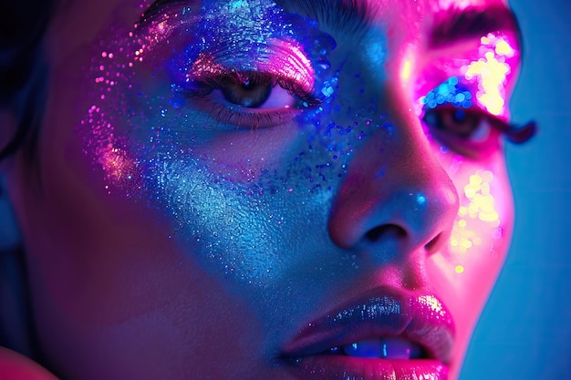 Un mannequin en maquillage au néon brillant pose en studio