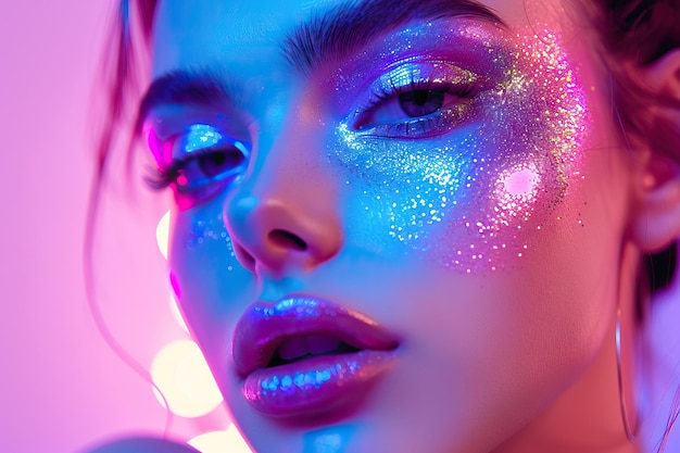 Photo un mannequin en maquillage au néon brillant pose en studio