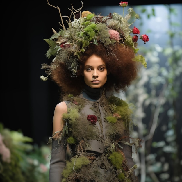 Un mannequin marche sur la piste pendant le défilé dans le cadre du look de la semaine de la mode à partir de m écologique naturel