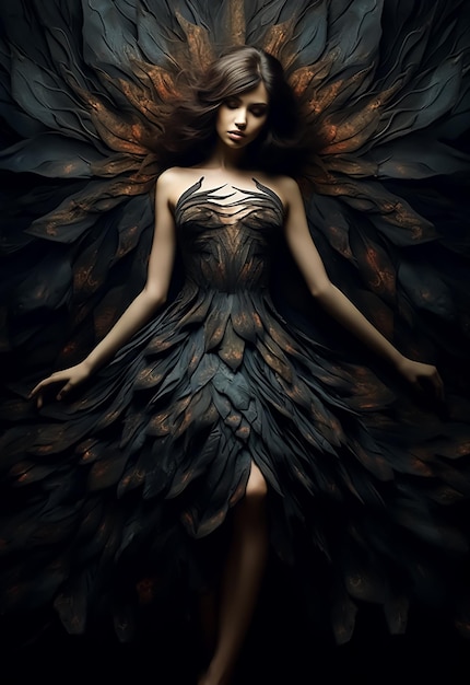Un mannequin de mode attrayant en robe de fantaisie et en ailes de congé.