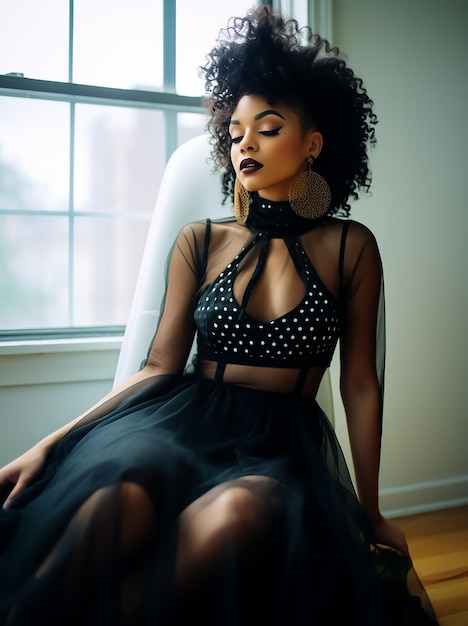 un mannequin de mode chaud et attrayant en tulle, une robe de mode à la mode, noire