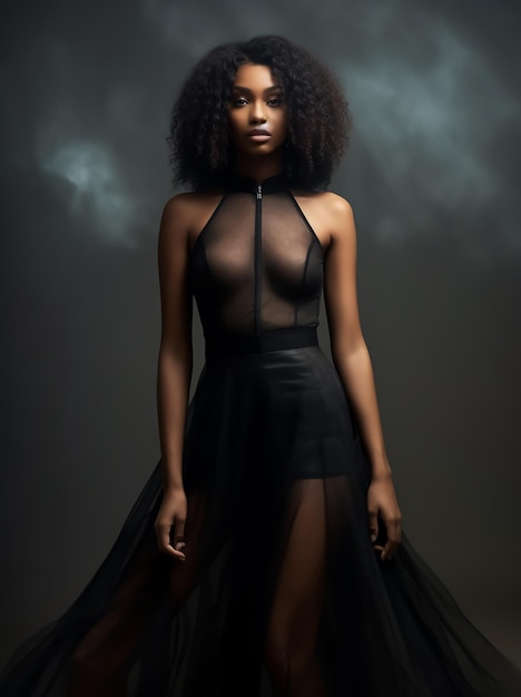 un mannequin de mode chaud et attrayant en tulle, une robe de mode à la mode, noire