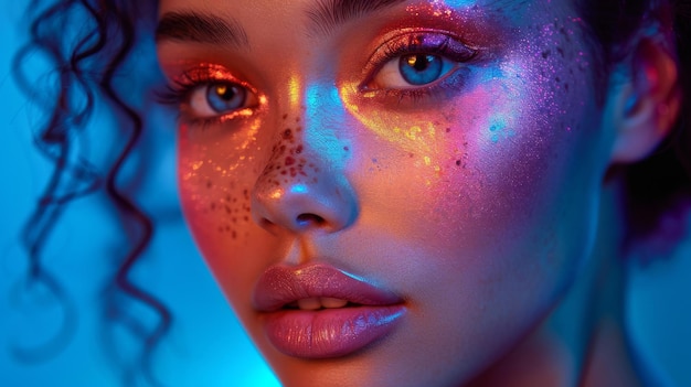 Un mannequin de mode posant dans une boîte de nuit sur un fond coloré et vif, une belle fille en maquillage UV sur des néons colorés et brillants.