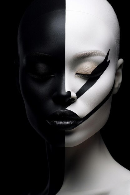 un mannequin noir et blanc avec un masque noir dessus