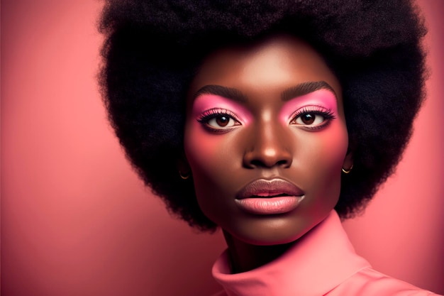 Un mannequin noir avec des cheveux afro maquillés roses et un col roulé rose Generative AI