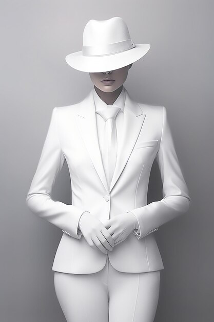 Photo un mannequin portant un costume blanc et un chapeau blanc avec une chemise blanche et une cravate