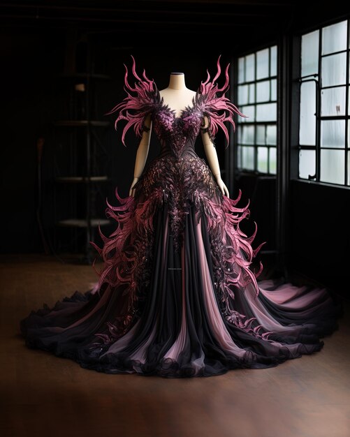 un mannequin portant une robe avec un motif violet et noir