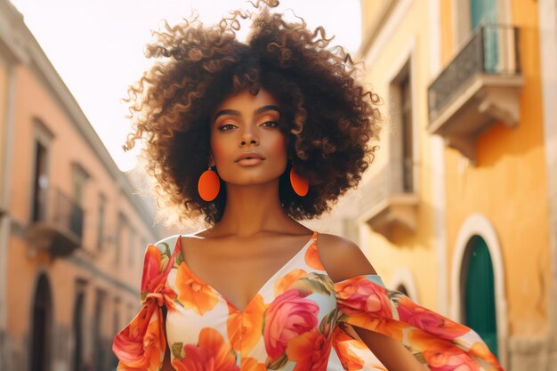 Un mannequin porte une robe avec des fleurs orange et rose.