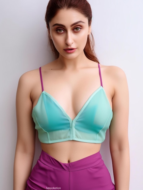 Un mannequin porte un soutien-gorge violet avec un haut violet.