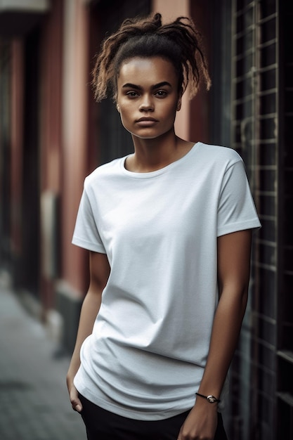 Un mannequin porte un t-shirt blanc et un jean.