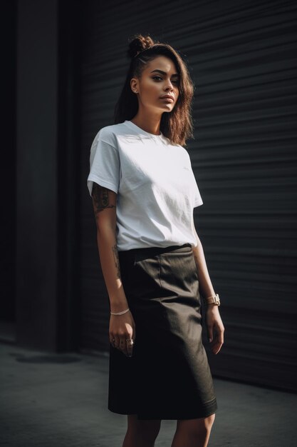 Un mannequin porte un t-shirt blanc avec une jupe noire et un t-shirt blanc