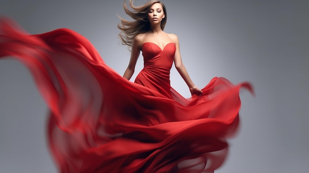 mannequin en robe de beauté rouge fille sexy posant sur fond gris faite par générative AI