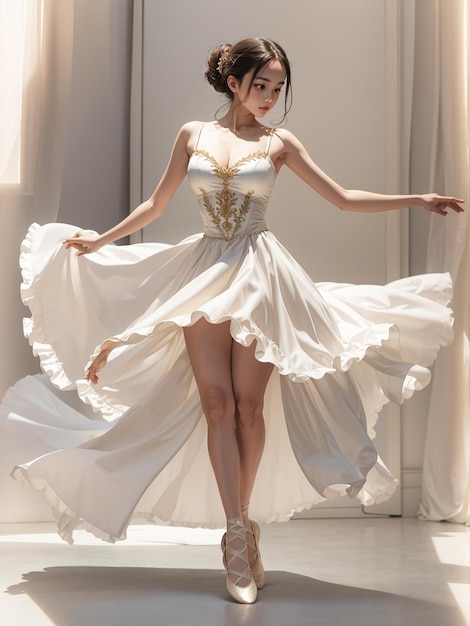 un mannequin en robe blanche avec broderie dorée sur le bas