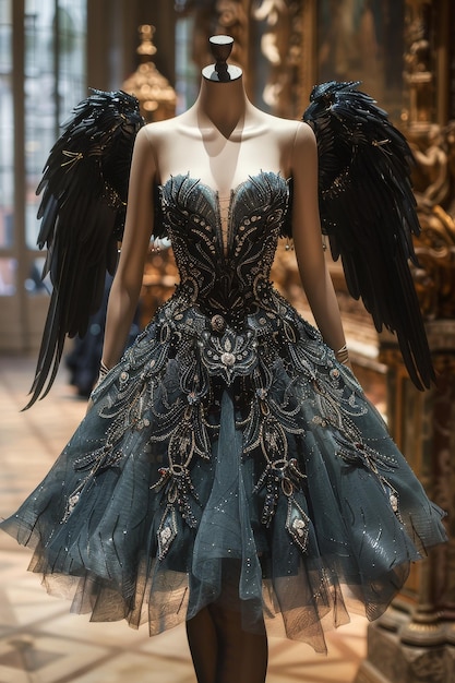 Un mannequin en robe bleue avec des ailes noires