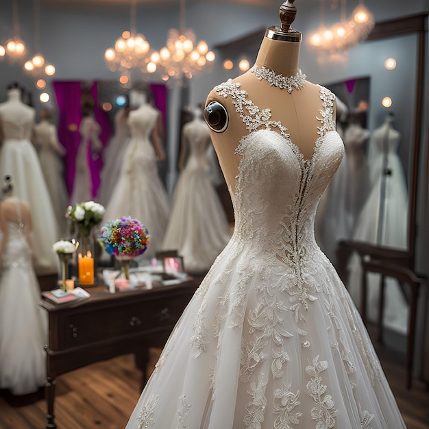 Un mannequin avec une robe de mariée exposée dans une boutique de mariage.