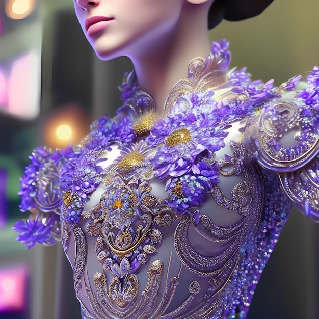 Un mannequin avec une robe violette et des fleurs violettes.