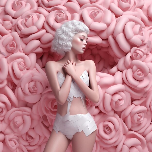 un mannequin rose et blanc est assis devant un mur de roses roses et roses.