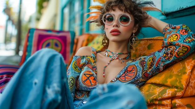 Un mannequin vibrant posant dans des tenues et des accessoires colorés avec un décor artistique urbain