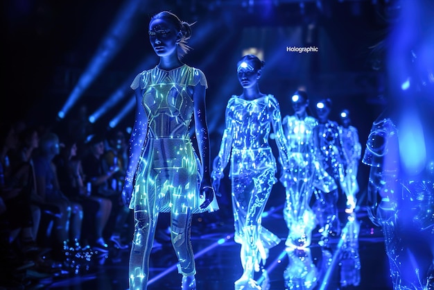 Des mannequins sur un défilé de mode holographique portant des vêtements de haute couture ornés de p holographiques