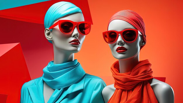 Photo mannequins de mode féminins avec des vêtements colorés, des maillots de bain et des lunettes de soleil