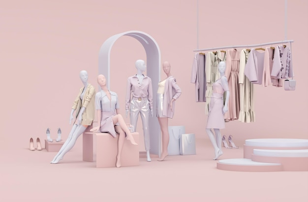 Des mannequins de vêtements entourés d'un cintre par un sac de couleur rose pastel pourpre achats en ligne