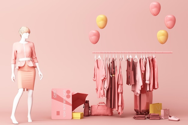 mannequins de vêtements un porte-bagages entouré par un sac et un accessoire de marché avec une carte de crédit sur le sol rendu 3D