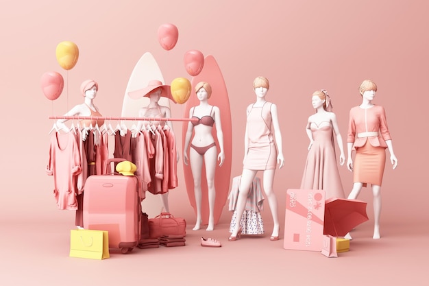 mannequins de vêtements un porte-bagages entouré par un sac et un accessoire de marché avec une carte de crédit sur le sol rendu 3D