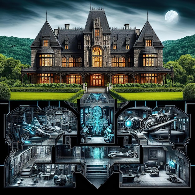 Photo le manoir de bruce wayne et ci-dessous une vision aux rayons x de la grotte de batman