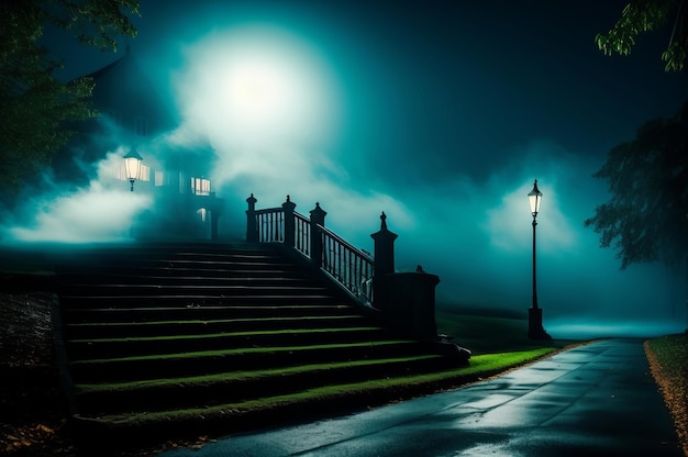 Un manoir effrayant la nuit un escalier effrayant avec du brouillard et une apparition fantomatique brillante générée par l'IA