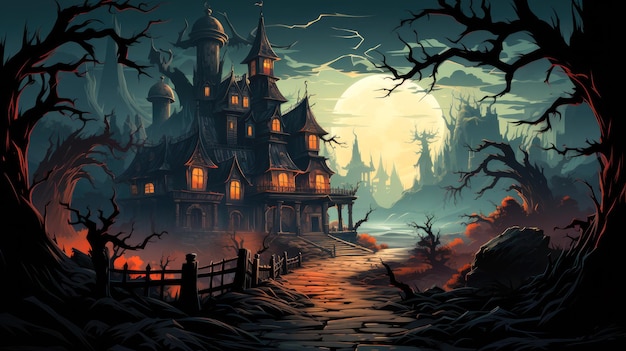 Manoir hanté avec des fenêtres lumineuses dans un cadre créatif d'octobre effrayant sur fond d'Halloween