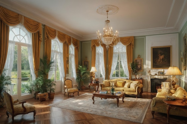 un manoir de luxe avec un grand salon avec une cheminée et des canapés