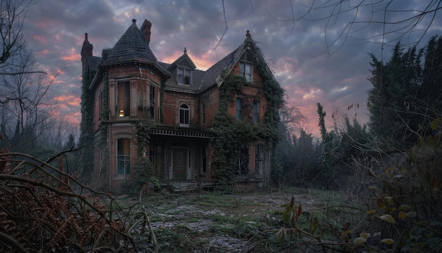 Le manoir victorien hanté est silencieux sous le ciel au clair de lune enveloppé de mystère et de décomposition AIG59