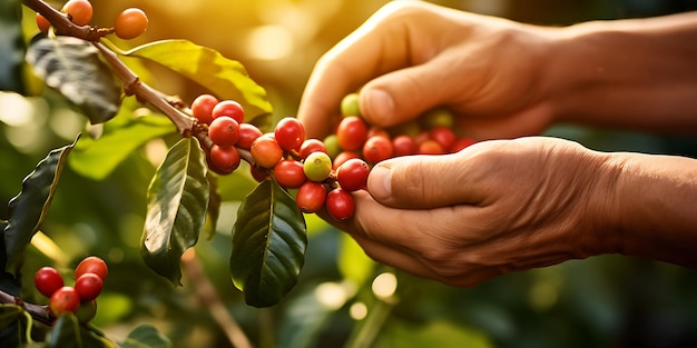 Manos de campesino recolectando café