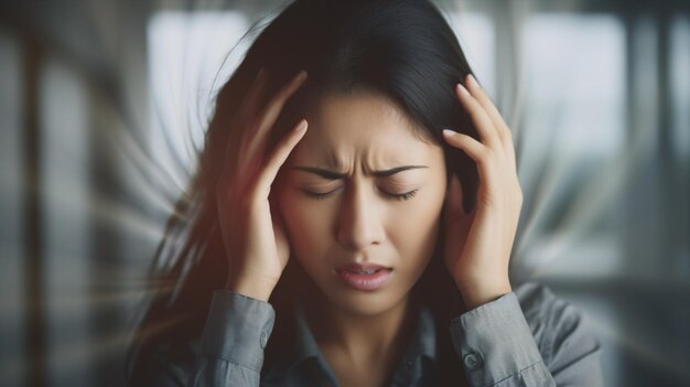 Le manque de clarté de la photo souligne la crise de vertige de la femme ou un problème de santé du cerveau ou de l'oreille interne