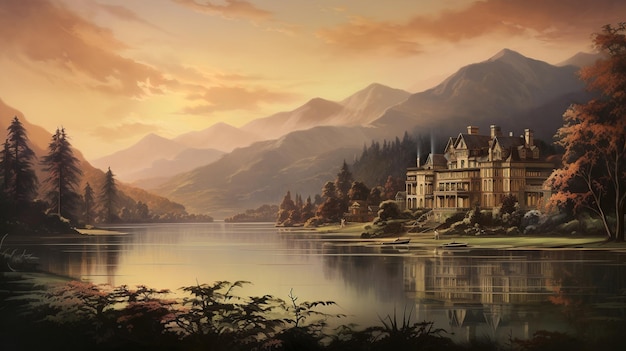Mansion victorienne au bord du lac dans les montagnes avec brouillard et brume paysage de montagne calme