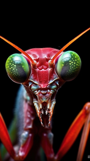 Une mante religieuse aux yeux rouges et verts