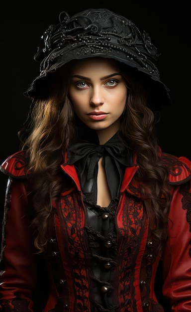 Manteau à capuchon noir et rouge de style gravure victorienne