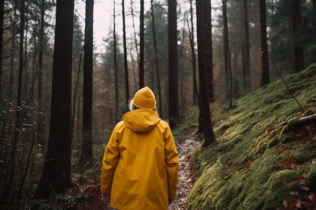 Manteau jaune femme randonnée Générer Ai