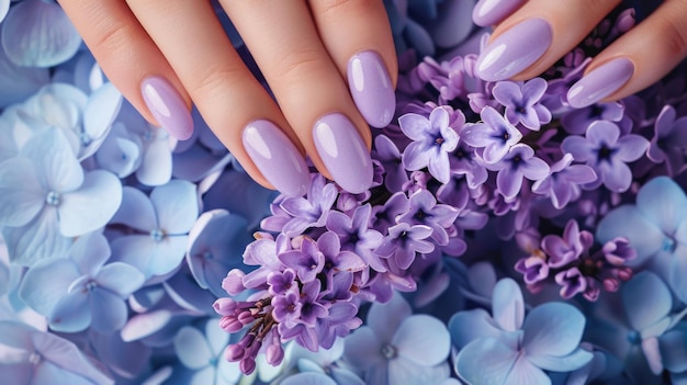Une manucure élégante en lilas sur une main féminine tenant des fleurs de lilas