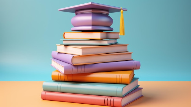 des manuels colorés avec une casquette de graduation sur le dessus