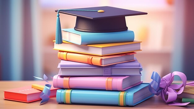 des manuels colorés avec une casquette de graduation sur le dessus