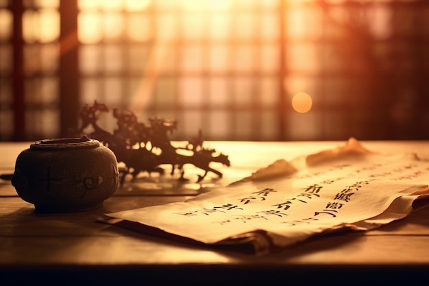 Photo manuscrit ancien de kanji sur la table rétro-éclairée générée par l'ia