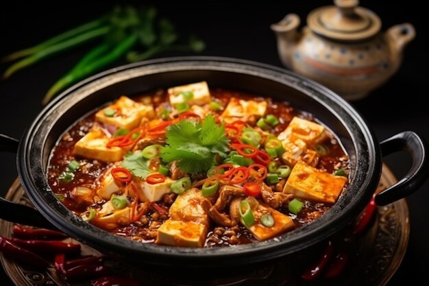 Photo mapo tofu coloré avec du tofu doux et de la sauce épicée